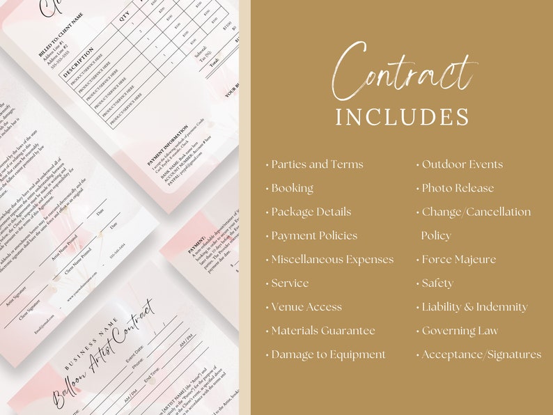 May include: A contract template for balloon artists, with a pink and gold watercolour background. The contract includes sections for parties and terms, booking, package details, payment policies, miscellaneous expenses, service, venue access, materials guarantee, damage to equipment, outdoor events, photo release, change/cancellation policy, force majeure, safety, liability and indemnity, governing law, and acceptance/signatures.