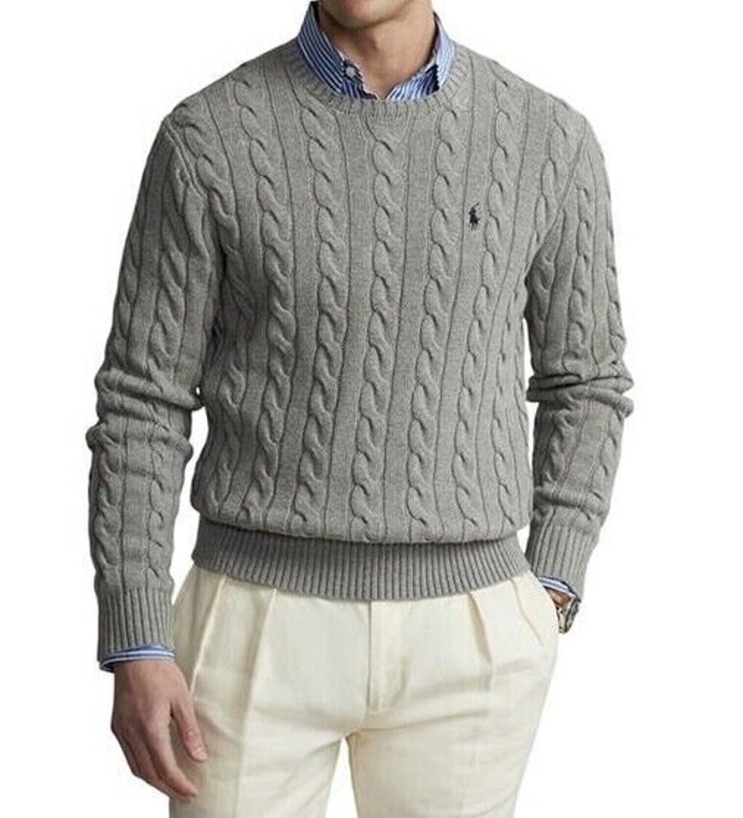 Ralph Lauren Cable Knit Crew Neck Sweater Men's Logo Long Sleeved ...