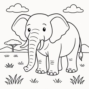 Puede incluir: Un dibujo lineal en blanco y negro de un elefante de pie en un campo de hierba con un árbol, nubes y colinas en el fondo. El elefante tiene orejas grandes, una larga trompa y colmillos.