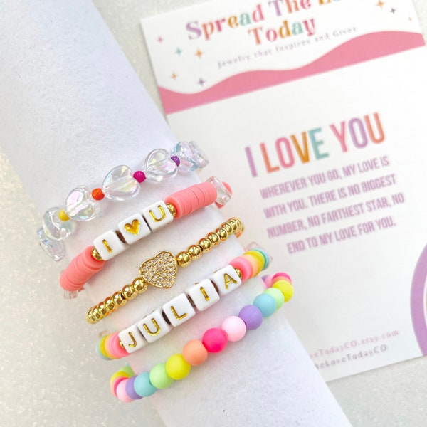 I LOVE YOU Personalized Bracelet Stack for Kids Custom Name Gift for Girls Birthday Gift for Toddler Girl Heart Jewelry Customized Gift