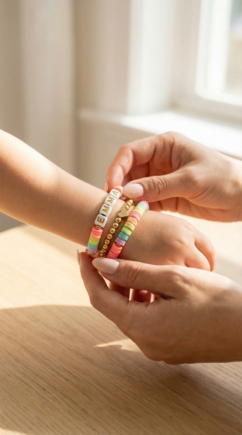 May include: Three colourful beaded bracelets are being worn on a wrist. One bracelet spells out the name "EMMA" with white letter beads. The other bracelets have gold beads and heart charms. The bracelets are in shades of pink, yellow, green, and blue.