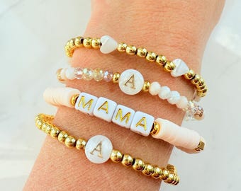 Personalized Mama Bracelet with Kids Name, Gold Beaded Jewelry for New Mom