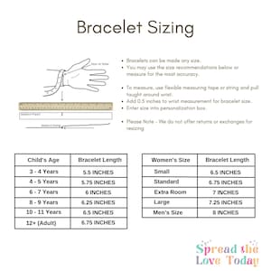 May include: A white graphic with bracelet sizing information. The text includes instructions on how to measure the wrist and size charts for children and adults. The chart lists bracelet lengths in inches for different age groups and women's sizes.