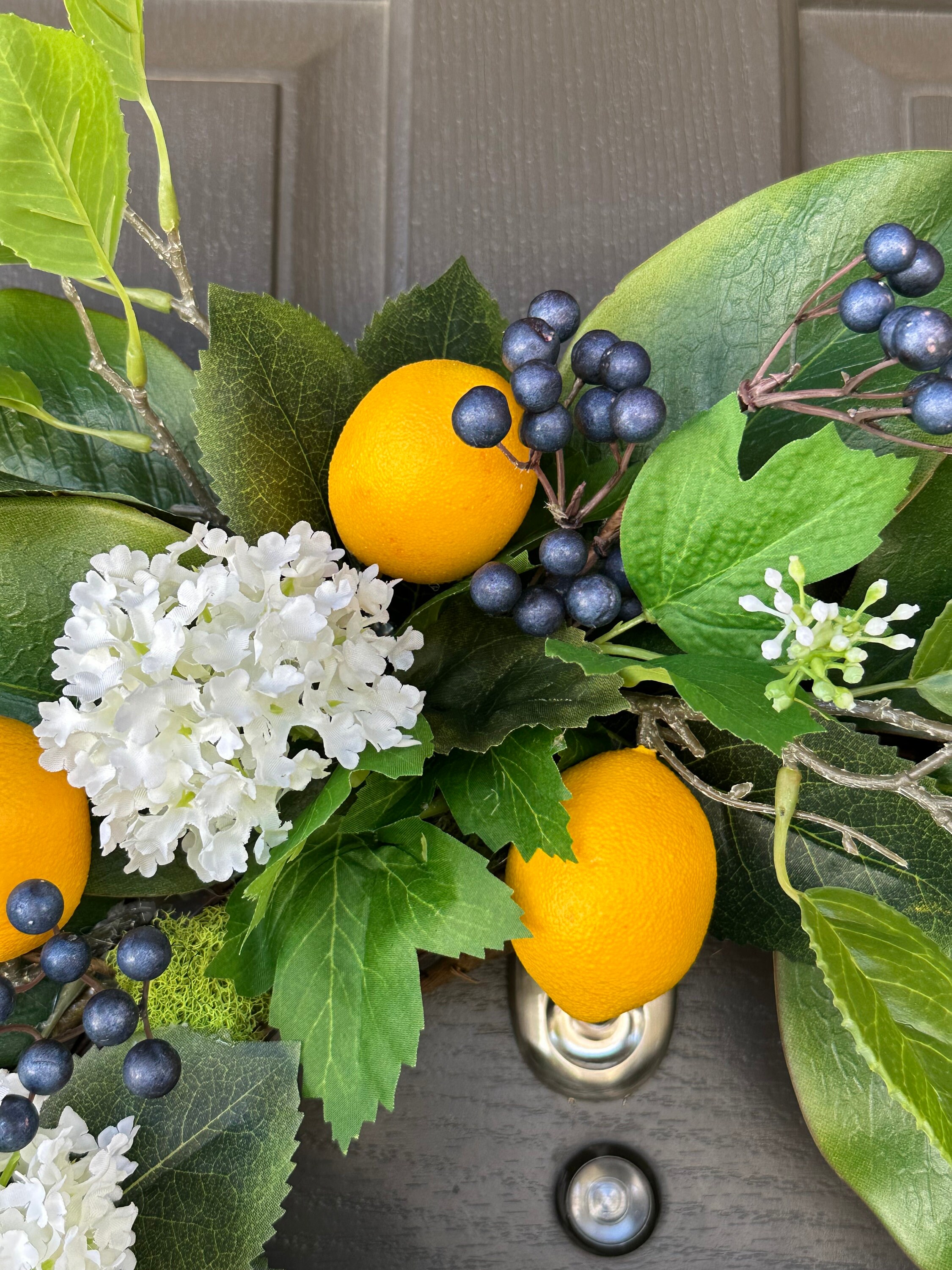 Spring and Summer Wreath for Front Door, Faux Lemons, Blueberries and ...