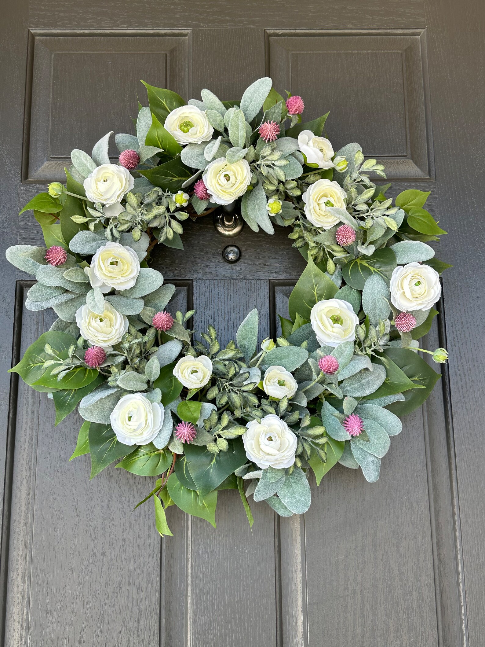 Summer Lambs Ear Wreath for Front Door, Cream Ranunculus, Pink Clover ...