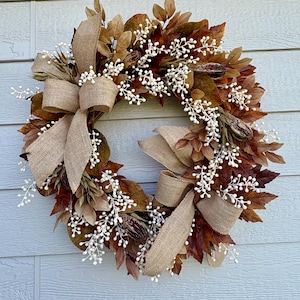 Autumn Wreath with cream berries, fall leaves and pods, Fall decor, Harvest, Thanksgiving, home decor, front door decor, Autumn, fall wreath