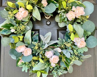 Beautiful spring and summer wreath, neutral wreath, champagne mini ranunculus and greenery wreath, front door wreath, cottage style wreath