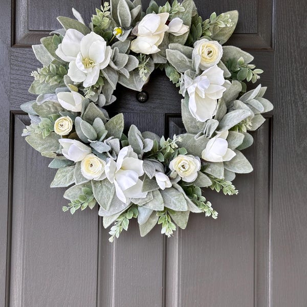 All season wreath, Magnolia wreath, lambs ear, white ranunculus and magnolia wreath, front door wreath, indoor wreath blends with decor