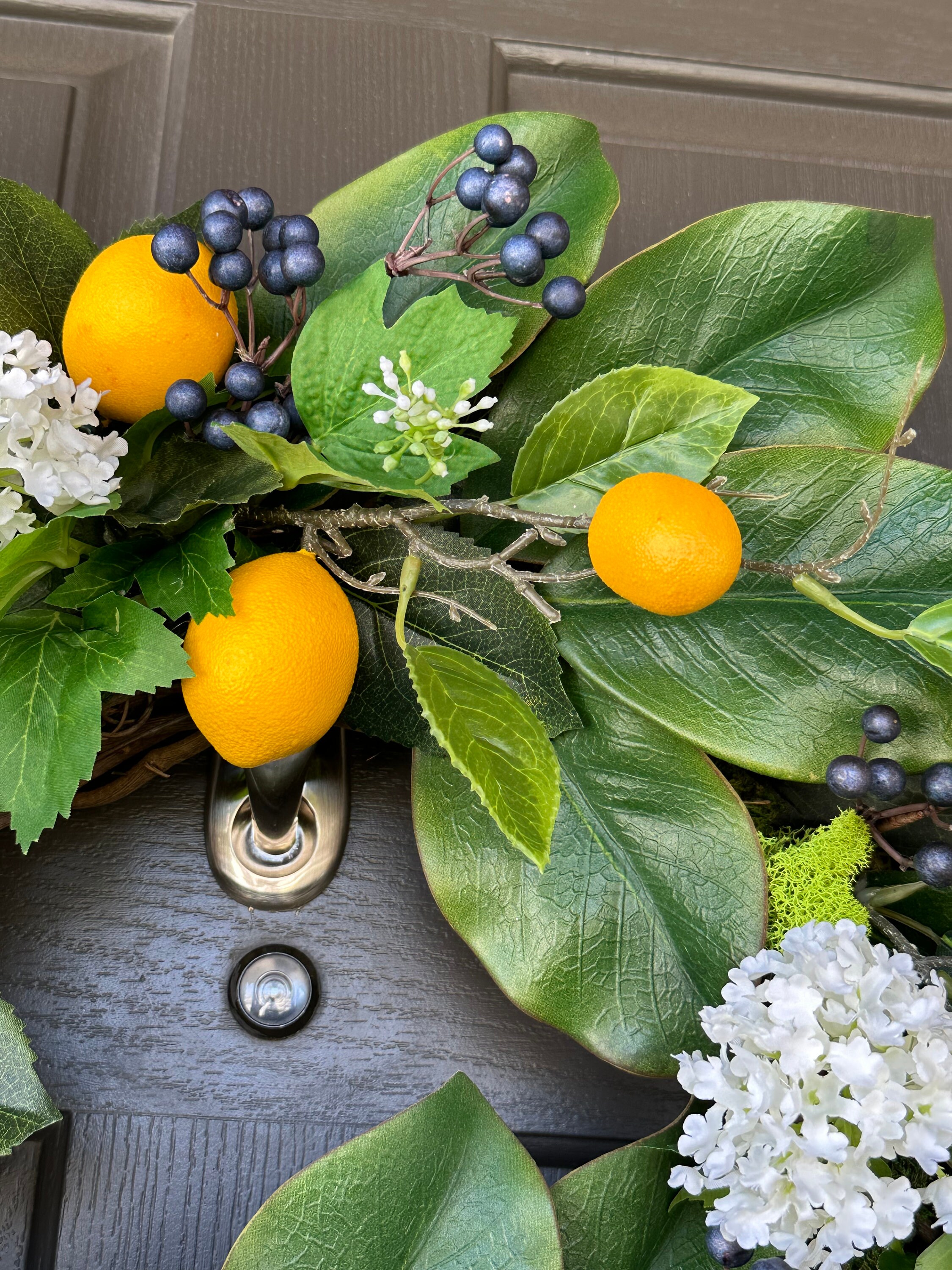 Spring and Summer Wreath for Front Door, Faux Lemons, Blueberries and ...