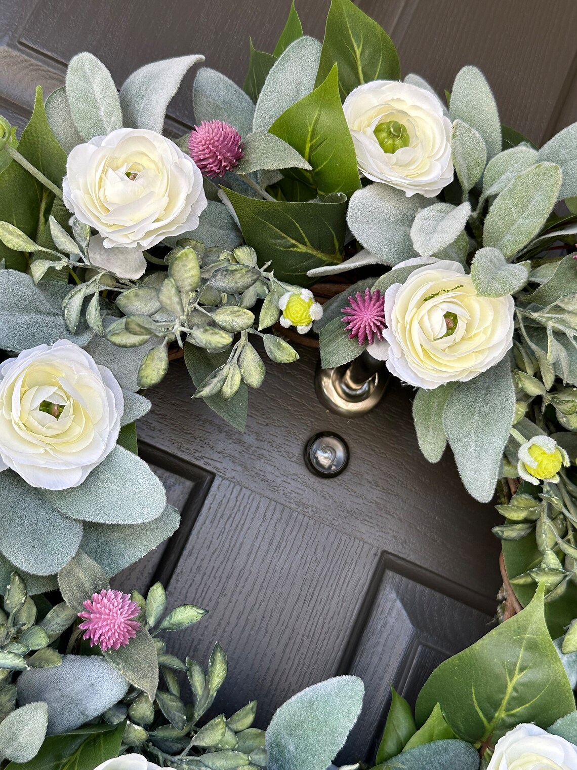 Summer Lambs Ear Wreath for Front Door, Cream Ranunculus, Pink Clover ...