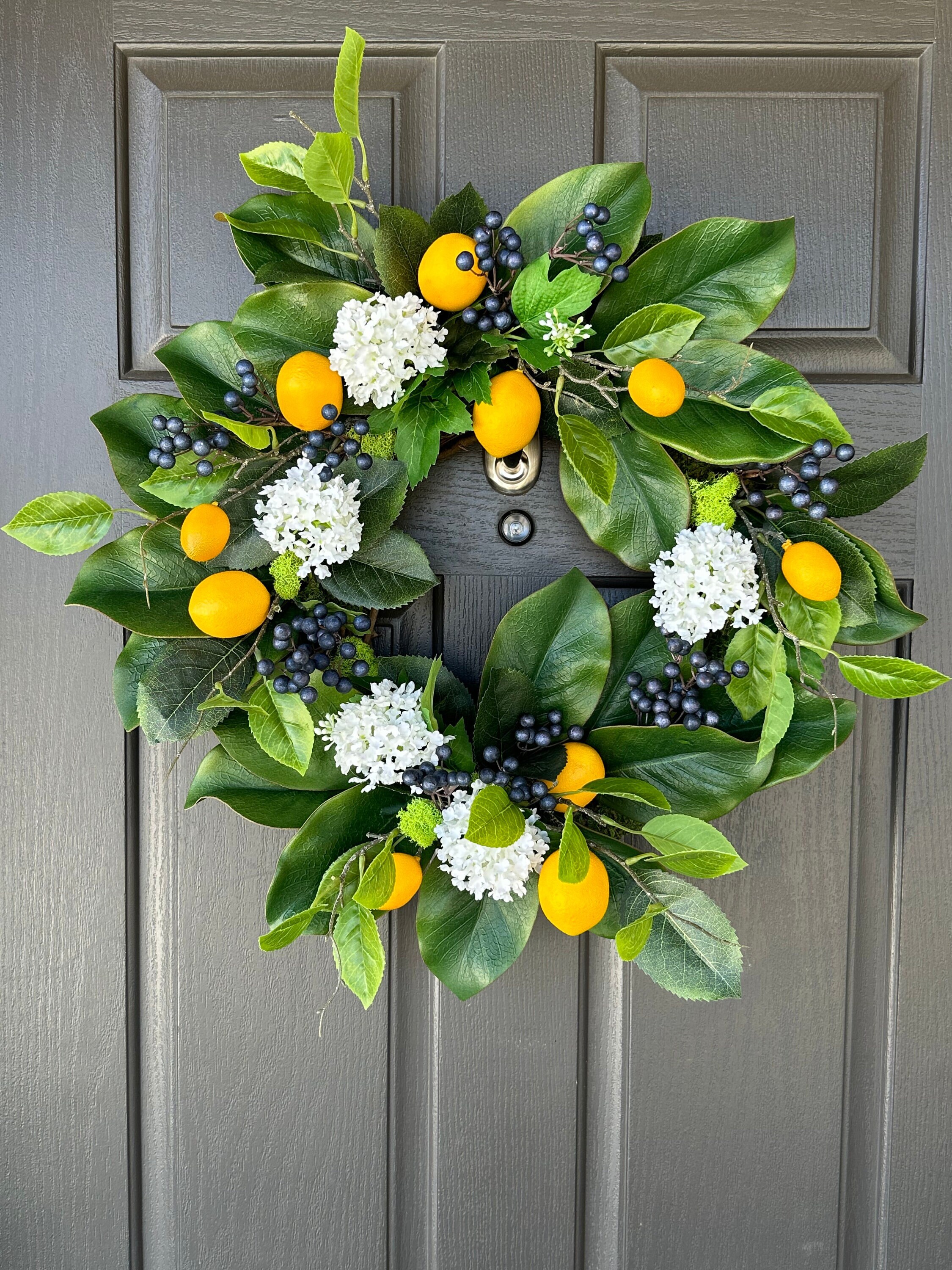 Spring and Summer Wreath for Front Door, Faux Lemons, Blueberries and ...
