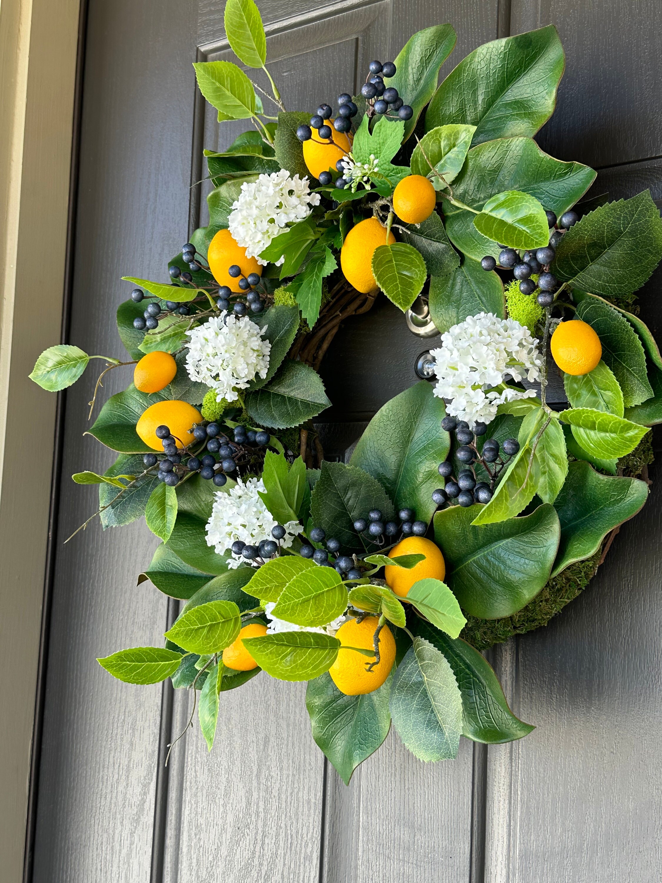 Spring and Summer Wreath for Front Door, Faux Lemons, Blueberries and ...