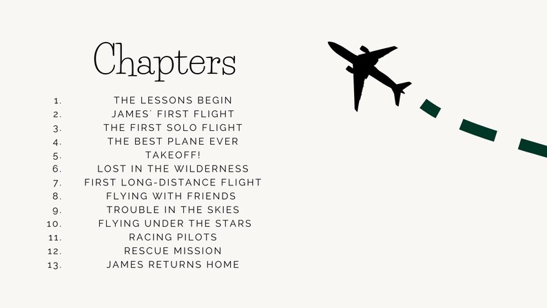 May include: A black and white illustration of a plane taking off, with a list of chapters for a book about flying. The chapters include "The Lessons Begin", "James' First Flight", "The First Solo Flight", "The Best Plane Ever", "Takeoff!" and more.