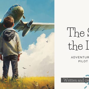 May include: A young boy stands in a field of yellow grass, looking up at a green and white airplane taking off. The sky is blue with white clouds. The text "The Sky's the Limit" is written in black on a white background, with the words "Adventures of Kid-Pilot James" below it. The text "Written and created by Maaike" is written in black on a white background below the title.