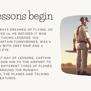 May include: A young boy and an older man stand on a runway, looking at a small airplane. The text "The lessons begin" is written above them.