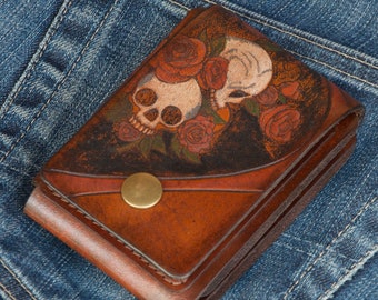 Handmade Goth Leather Wallet: Floral Skulls Bifold