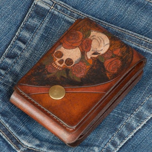 Cartera gótica, Cartera con calaveras, Cartera plegable, Cartera delgada pintada a mano, Cartera de cuero personalizada para hombre, Cartera para efectivo