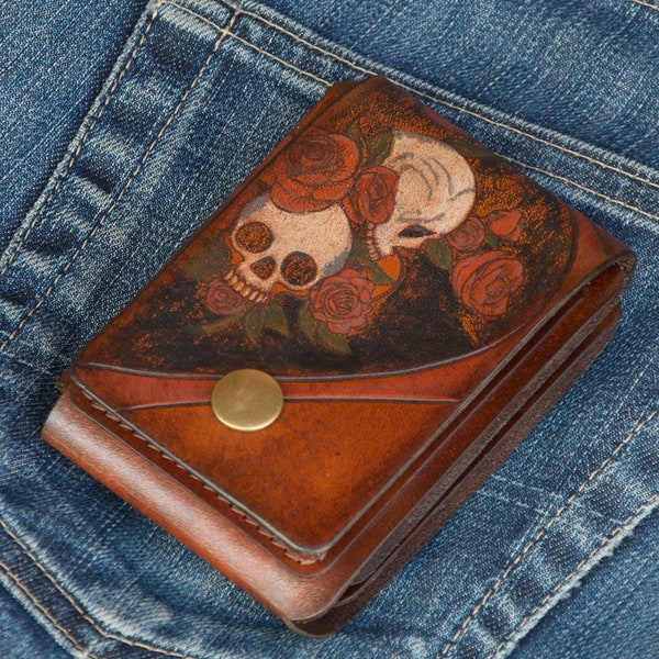Handmade Goth Leather Wallet: Floral Skulls Bifold