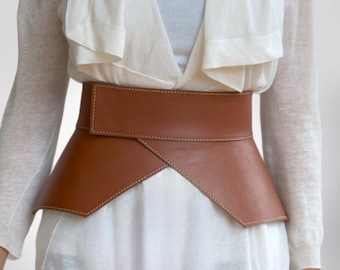 Brown leather corset belt Peplum belt Wide waist belt Custom made to your size XXS-5XL