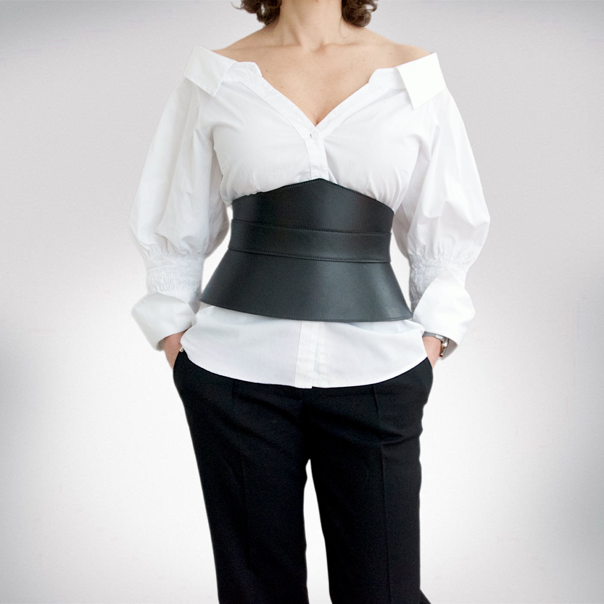 Women wide waist peplum corset statement belt. Laser cut detail. Tan brown corset-peplum belt - LaLaBelt main image 2