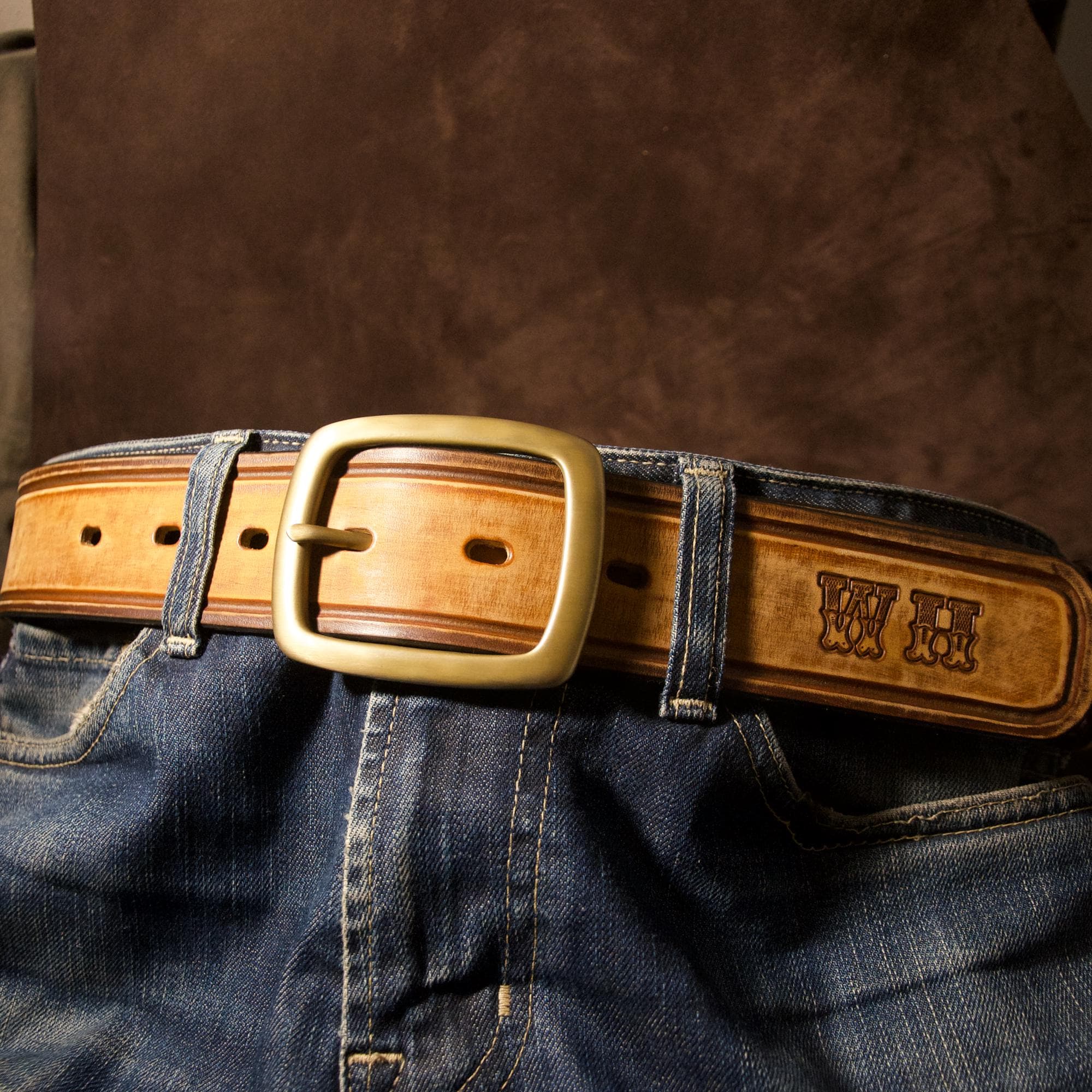 Western Full Grain Casual Leather‎ Belt Polished Solid Brass Buckle 49\