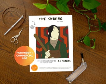 May include: A printable pattern for a stained glass project featuring a character from the movie "The Shining". The pattern includes 84 pieces and is meant to be made with no less than 1/8 inch thick glass. The pattern is for hobby and commercial use.