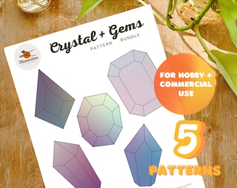 May include: A digital download of 5 crystal and gem patterns for hobby and commercial use. The patterns are in various shapes and colors, including purple, blue, green, and pink.