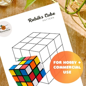 Puede incluir: Un patrón de cubo de Rubik imprimible para uso personal y comercial. El patrón es un contorno en blanco y negro de un cubo de Rubik con un cubo de Rubik de colores en primer plano.