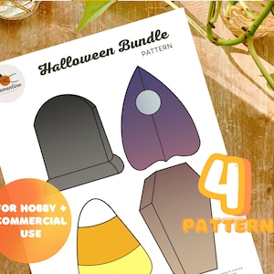 May include: A printable Halloween pattern bundle with four designs: a tombstone, a coffin, a candy corn, and a ghost-shaped surfboard. The text "Halloween Bundle Pattern" is at the top of the page. The text "For Hobby + Commercial Use" is in a circle at the bottom left of the page. The text "4 Patterns" is in a large orange circle at the bottom right of the page.
