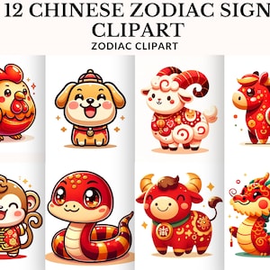 Chińskie Cliparty Zodiaku Akwarela - 12 Znaków Zwierzęcych | Cliparty Znaków Zodiaku, PNG SVG, Użytek Komercyjny, Clipart Astronomiczny, Zodiak, Chiński