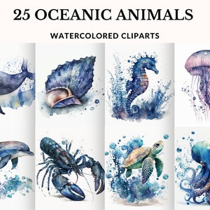 Oceanic Life Clipart, Sea Animals Clipart, Watercolor Ocean Wildlife, Ocean Nursery, Transparent Background, Sea Turtle,  Dolphin, Whale,