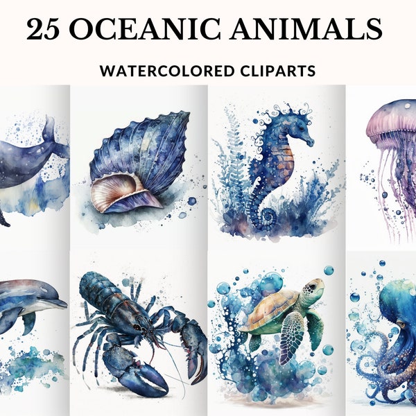 Oceanic Life Clipart, Meerestiere Clipart, Aquarell Ozean Wildtiere, Ozean Kindergarten, transparenten Hintergrund, Meeresschildkröte, Delfin, Wal,