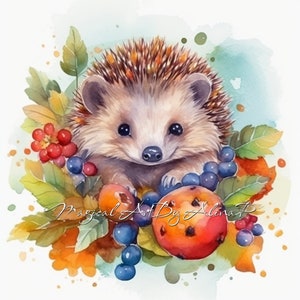 Impression hérisson, art numérique animal - lot de 12 téléchargements numériques JPG de haute qualité - aquarelle, clipart, art mural botanique, cartes imprimables