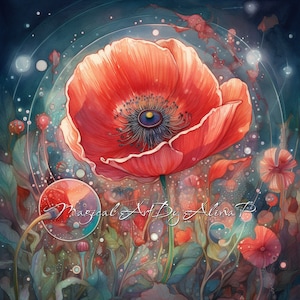 Impression de pavot rouge, art numérique de fleurs - lot de 12 fichiers JPG de haute qualité - téléchargement numérique - aquarelle, art mural botanique, cartes imprimables