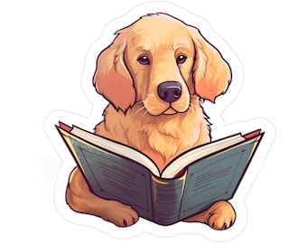 Golden Retriever Sticker Golden Retriever Clipart Dog Reading Book Sticker Cute Animal Stickers Laptop Sticker Car Decal Planner Stickers