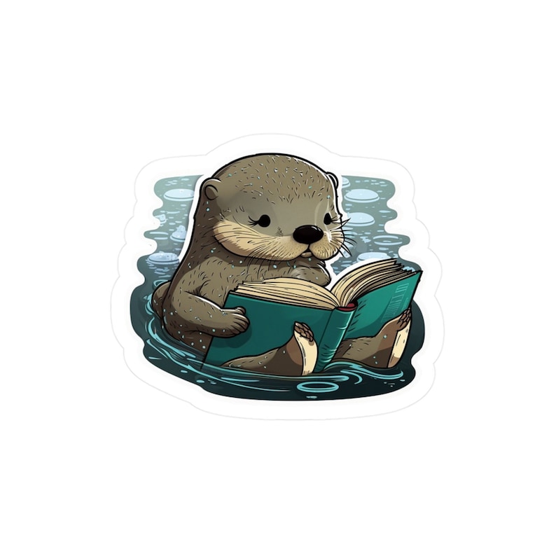 May include: A cartoon illustration of a gray and brown sea otter reading a book while floating in the water. The otter is wearing a blue and green book with a white spine.