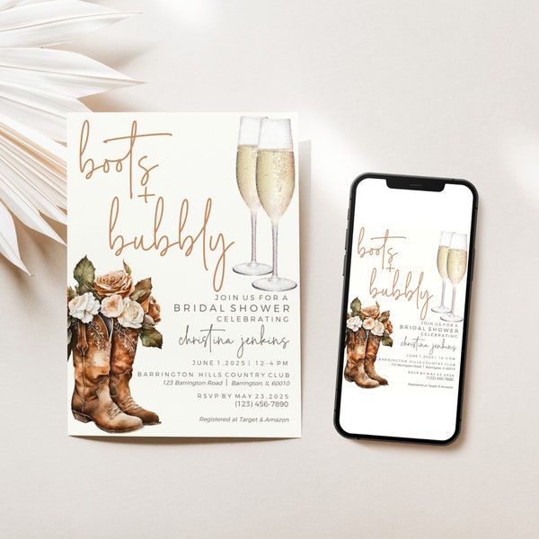 Boots And Bubbly Bridal Shower Invitation. Printable Western Themed Bridal Shower Invite. Cowgirl Invitation.  Instant Download.