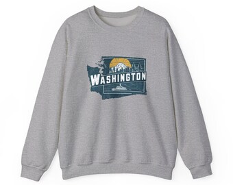 Washington State Map Graphic Sweatshirt | Mountain, Evergreen, Ferry Scene