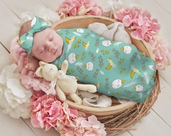 Goose Baby Swaddle Blanket & Knot Bow Set, Turquoise Sleepy Moon Theme
