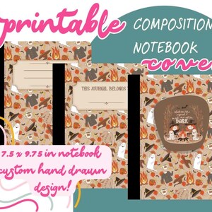 May include: Printable composition notebook covers with a custom hand-drawn design. The covers feature a beige background with a pattern of ghosts, hats, and other fall-themed elements. The notebook measures 7.5 x 9.75 inches.