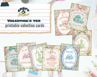 Vintage Tea-Themed Printable Valentines — Set of 8 Regency-Inspired Designs