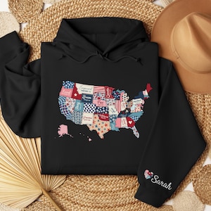 Sweat-shirt carte des États-Unis, couleurs confort, sweat à capuche du continent américain, sweats avec nom personnalisé, chemise patriotique, 4 juillet, cadeau du jour du souvenir américain