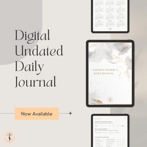 May include: Digital undated daily journal displayed on three tablets. The main tablet shows the text "Nervous System Reset Journal" with a watercolor design. The other tablets display calendar and journal pages. The words "Digital Undated Daily Journal" are also visible.