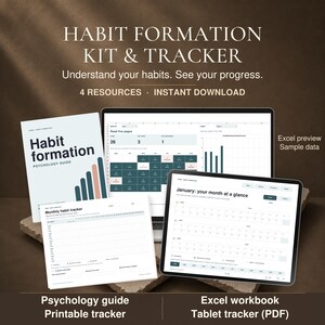 Puede incluir: Un kit de formación de hábitos que incluye una guía de psicología, un rastreador mensual imprimible, un libro de trabajo de Excel con datos de muestra y un rastreador para tableta. El texto dice Habit Formation Kit & Tracker, Understand your habits. See your progress. 4 Resources. Instant Download.