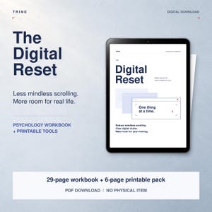 Puede incluir: Un libro de ejercicios digital titulado The Digital Reset mostrado en la pantalla de una tableta. La portada presenta texto azul oscuro sobre un fondo blanco, incluyendo las frases Less mindless scrolling, More room for real life y One thing at a time.