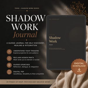 Puede incluir: Un diario digital de trabajo de sombra en formato PDF mostrado en una pantalla de tableta. El texto dice: TRINE - SHADOW WORK SERIES, SHADOW WORK Journal, A GUIDED JOURNAL FOR SELF-DISCOVERY, HEALING & INTEGRATION, y 39 PAGES OF DEEP, PSYCHOLOGY-BACKED WORK.