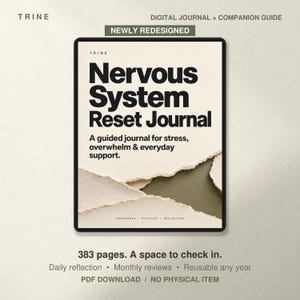 Puede incluir: Un diario digital titulado Nervous System Reset Journal con el subtítulo A guided journal for stress, overwhelm & everyday support. La portada presenta bordes de papel rasgados en crema y verde oliva con el texto Awareness, Practice, Reflection.