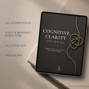 Puede incluir: Una tableta digital que muestra la portada del Cognitive Clarity Journal en gris oscuro con líneas doradas. El texto dice: Cognitive Clarity Journal, Thoughts Are Not Facts, You Can Choose What to Believe. Incluye 749+ páginas guiadas, estructura diaria y mensual, tamaño carta de EE. UU. y formato PDF digital.