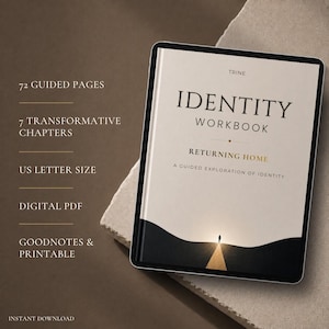 Puede incluir: Un libro de ejercicios digital titulado Identity Workbook Returning Home, con 72 páginas guiadas, 7 capítulos transformadores y tamaño carta estadounidense. La portada muestra un gráfico de una persona caminando hacia una luz dorada.