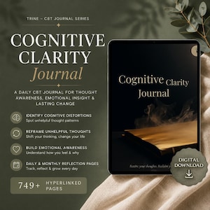 Puede incluir: Un diario digital Cognitive Clarity mostrado en una pantalla de tableta. El texto incluye Trine CBT Journal Series, 749+ páginas con hipervínculos y una insignia de descarga digital. El diario presenta secciones para identificar distorsiones y conciencia emocional.
